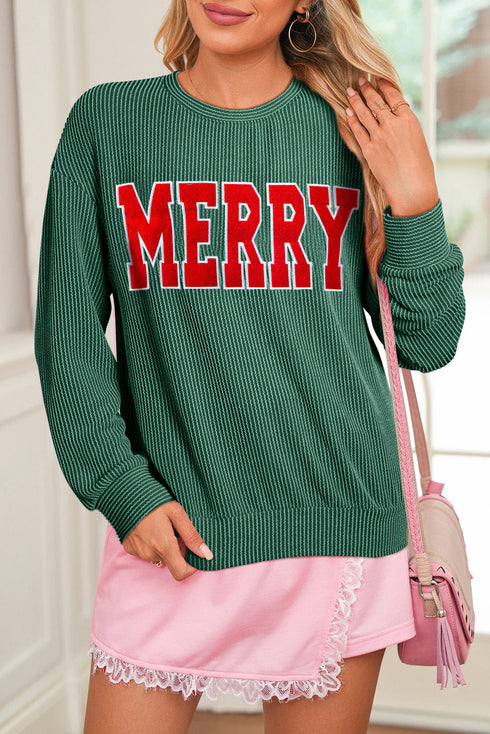 Corded Rib Outline MERRY Letter Drop Shoulder Crewneck Long Sleeve Top